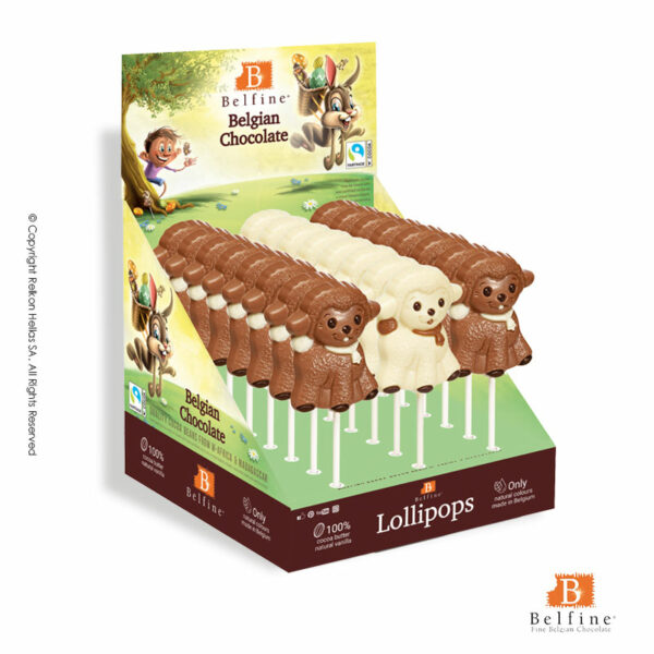 Belfine display με φιγούρες γλειφιτζούρι από σοκολάτα γάλακτος σε σχέδιο προβατάκι. Ιδανικό για Πάσχα.