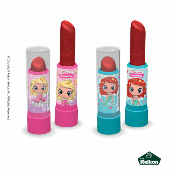 Princess Sweeties lipstick lollipop με καπάκι σε υπέροχα σχέδια με γεύση φράουλα