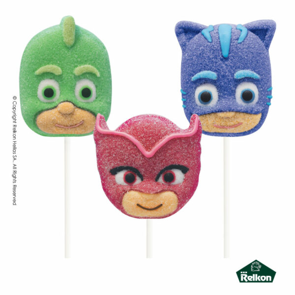 PJ Masks marshmallow lollipops σε σχέδια Catboy, Owlette και Gekko με γεύση φράουλα.