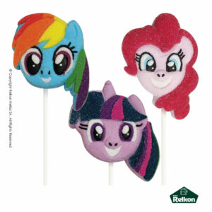 My Little Pony marshmallow lollipops με γεύση φράουλα σχέδια Pinkie Pie, Rainbow dash και Twilight Sparkle.